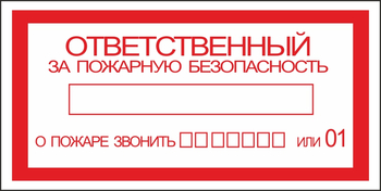 B43 ответственный за пожарную безопасность (пластик, 200х100 мм) - Знаки безопасности - Вспомогательные таблички - магазин "Охрана труда и Техника безопасности"